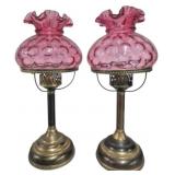 Pair Cranberry Thumbprint Fenton Lamps