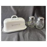 enamal butter dish and 2 shakers.