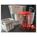 set of storage containers and a Brita pitcher