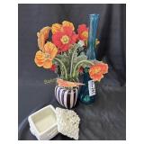 Ceramic jewlery box, tall blue glass vase