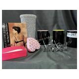 glitter glass w lid. three mugs eyelash curlers