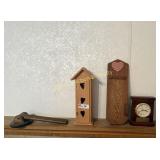 Misc. lot of wood pieces, butterfly house, note pd