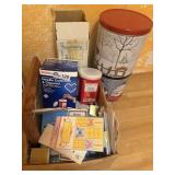 Box of sharps containers, greeting cards