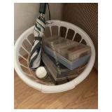 Laundry basket with glassware, tapes