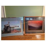 2 framed prints, one of mountains and sunset one
