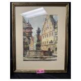 Large gold tone framed print of St. Georgsbrunnen