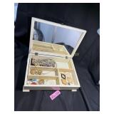 Vintage white wooden jewelry box and contents