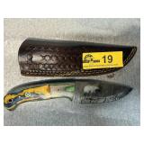 Damascus Steel Bear Engraved Fixed Blade Knife