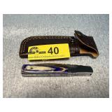 Folding Knife with Blue Bone Handle and Leather