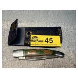 Damascus Steel Folding Knife with Leather Sheath