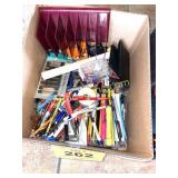 BOX OF PENS, PENCILS, OFFICE SUPPLIES