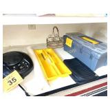 CD PLAYER, POKER CHIPS, MISC. ON BOTTOM SHELF