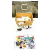 VINTAGE SEWING BOX W SUPPLIES - DAMAGED LID