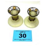 ANTIQUE CANDLE HOLDERS, YELLOW GLASS