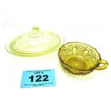 YELLOW COVERED DISH AND AMBER FINGER BOWL