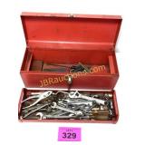 RED METAL TOOL BOX WITH WRENCHES