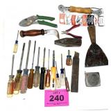LG LOT OF VINTAGE HAND TOOLS, CARDBOARD STP CAN
