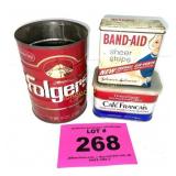 VINTAGE METAL CANS - FOLGERS, BAND-AID, CAFE FRANS