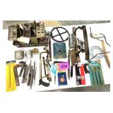 VINTAGE TOOL LOT - FILES, BRASS BOUND RULE, TINCUP