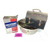 VINTAGE PRESTONE ANTIFREREZE CAN, LUNCH BOX ETC
