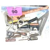 PLASTIC BOX WITH HAND TOOLS, PIPE WRENCH, SQUARE