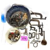 C CLAMPS, BUCKET FULL OF HARDWARE & MISC