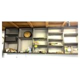 CONTENTS OF SHELF VINTAGE WALL CLOCK, ETC