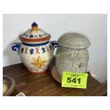 COOKIE JARS, 1 HANDMADE POTTERY W BROEKN LID