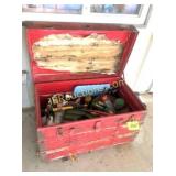 ANTIQUE TRUNK W LAWN AND GARDEN SUPPLIES