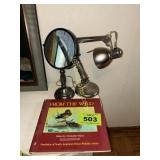 BIRD BOOK, MIRROR, AND DESKLAMP