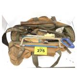 TOOL BAG W HAMMERS, HACK SAW, ETC.