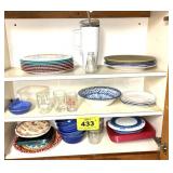 CABNET OF DISHES, PLASTIC PLATES, ETC