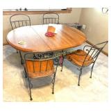 IRON AND WOOD DINING TABLE AND 4 CHAIRS, 1 LEAF