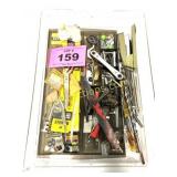 PLASTIC BOX W HARDWARE AND DRILL BITS