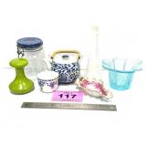 TEAPOT AND MISC GLASSWARE