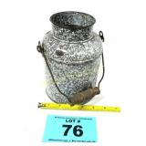 BROWN & WHITE ENAMELED PAIL W WOOD HANDLE