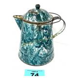 LARGE EMAMELED COFFEE POT GREEN SWIRL