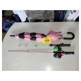 CHILDRENS UMBRELLA AND FISHING POLES