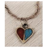 Turquoise & Coral Heart Pendant w/ Silver Chain