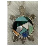 Heavy Sterling Silver Inlaid Turtle Brooch /