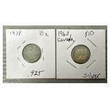 (2) 1928 & 1962 Canadian 10-Cent Silver Coins