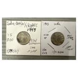 (2) 1943 India 1/4 Rupee Silver Coins
