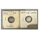 (2) 1903 & 1904 Canadian 5-Cent Silver Coins