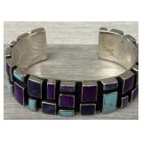Old Sterling & MultiStone Cuff Bracelet - Heavy