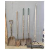 (4) Various Shovels & (1) Push Broom