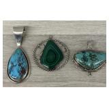 (3) Turquoise & Malachite Sterling Pendants
