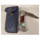Damascus Folding Knife w/Sheath