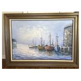 Vintage Harbor Scape Original Oil on Canvas Signed
