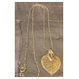 Necklace w/Heart Shape Leaf Pendant Dip In Gold