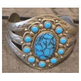 1960s Nickel Silver Bell Turquoise Cuff Bracelet